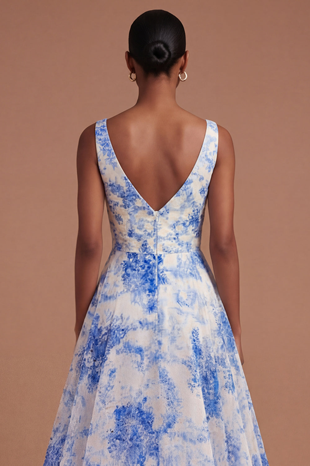 A Line Round Neck White Blue Floral Long Prom Dress