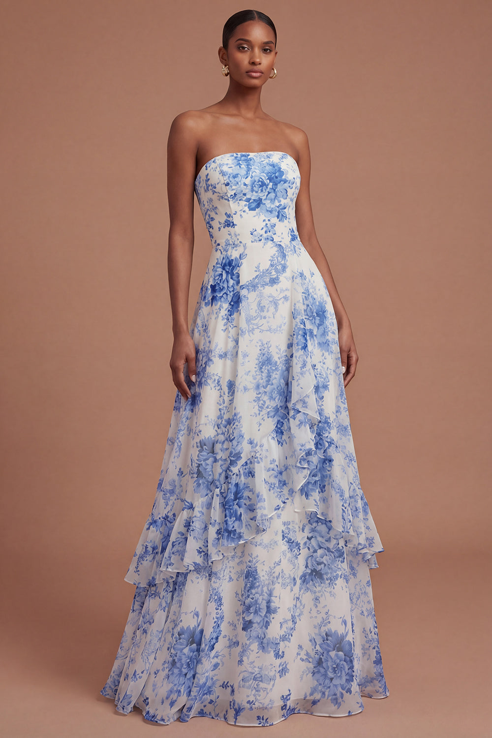 Leely Women Ruffled A Line Strapless White Blue Floral Long Prom Dress Backless Tiered Wedding Guest Dress