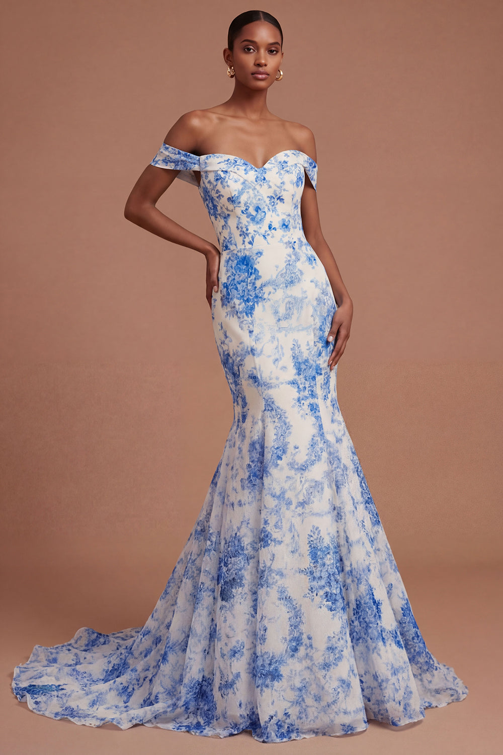 Leely Women Off the Shoulder Mermaid Floral White Blue Long Prom Dress Backless Sleeveless Wedding Guest Dress