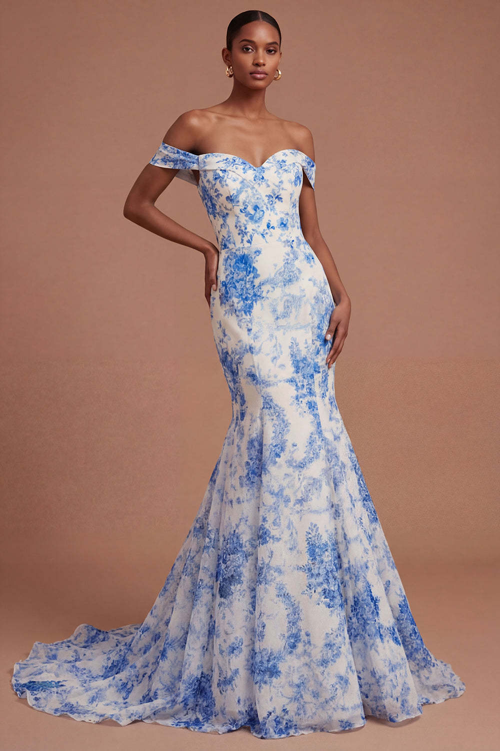 Leely Women Off the Shoulder Mermaid Floral White Blue Long Prom Dress Backless Sleeveless Wedding Guest Dress