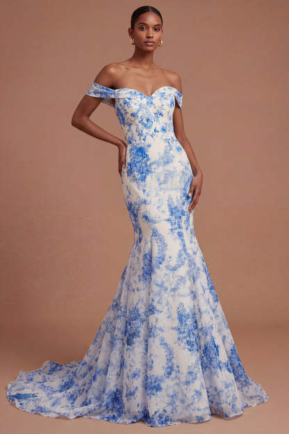 Leely Women Off the Shoulder Mermaid Floral White Blue Long Prom Dress Backless Sleeveless Wedding Guest Dress
