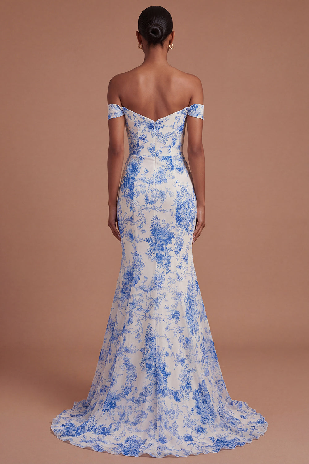Off the Shoulder Mermaid Floral White Blue Long Prom Dress