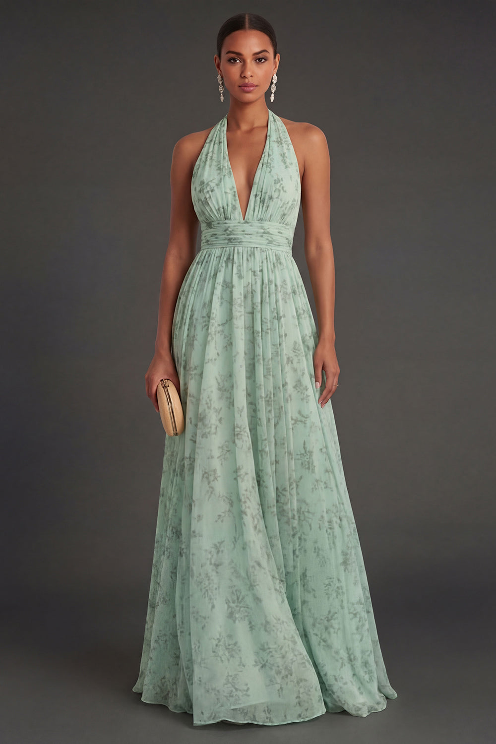 Dusty Sage Floral A Line Halter Neck Long Summer Wedding Guest Dress