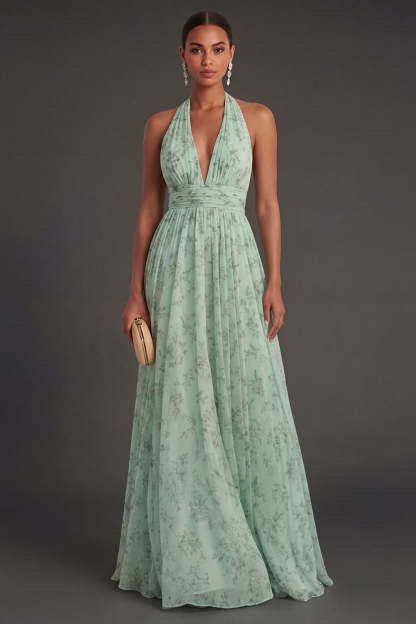 Leely Women Dusty Sage Floral A Line Halter Neck Long Summer Wedding Guest Dress Backless Sleeveless Garden Party Dress