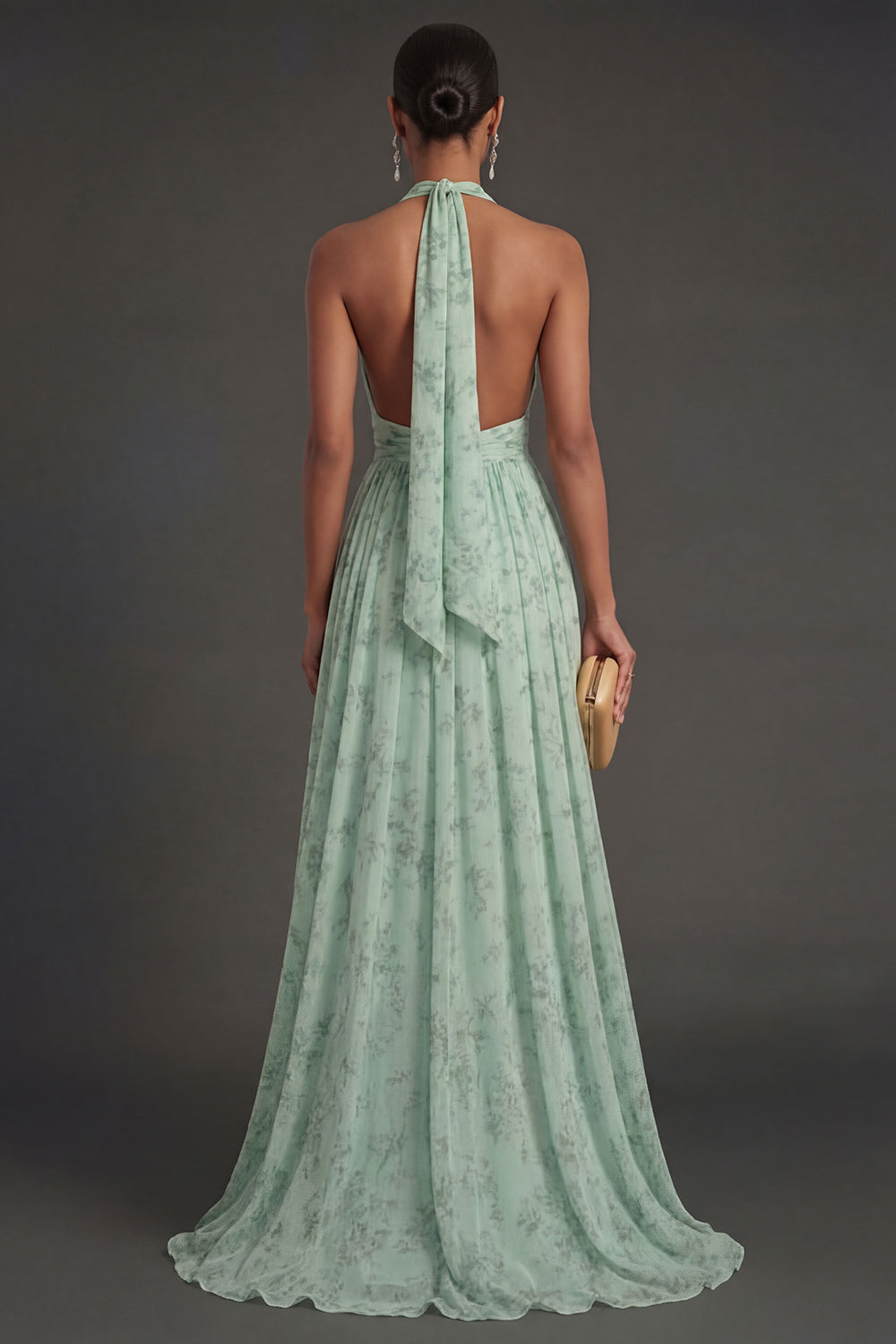 Dusty Sage Floral A Line Halter Neck Long Summer Wedding Guest Dress