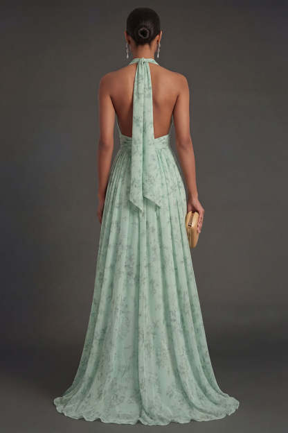 Dusty Sage Floral A Line Halter Neck Long Summer Wedding Guest Dress