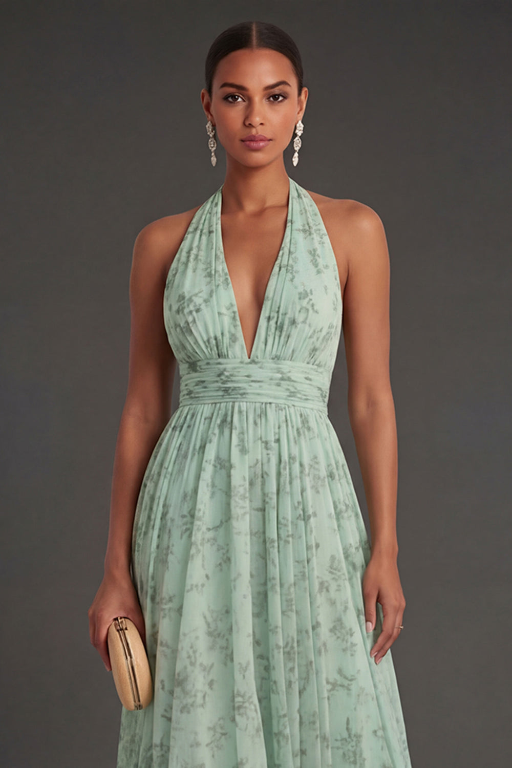 Dusty Sage Floral A Line Halter Neck Long Summer Wedding Guest Dress