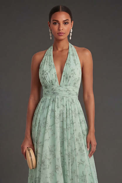 Dusty Sage Floral A Line Halter Neck Long Summer Wedding Guest Dress
