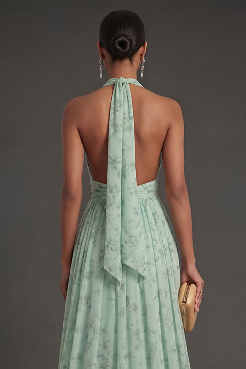 Dusty Sage Floral A Line Halter Neck Long Summer Wedding Guest Dress