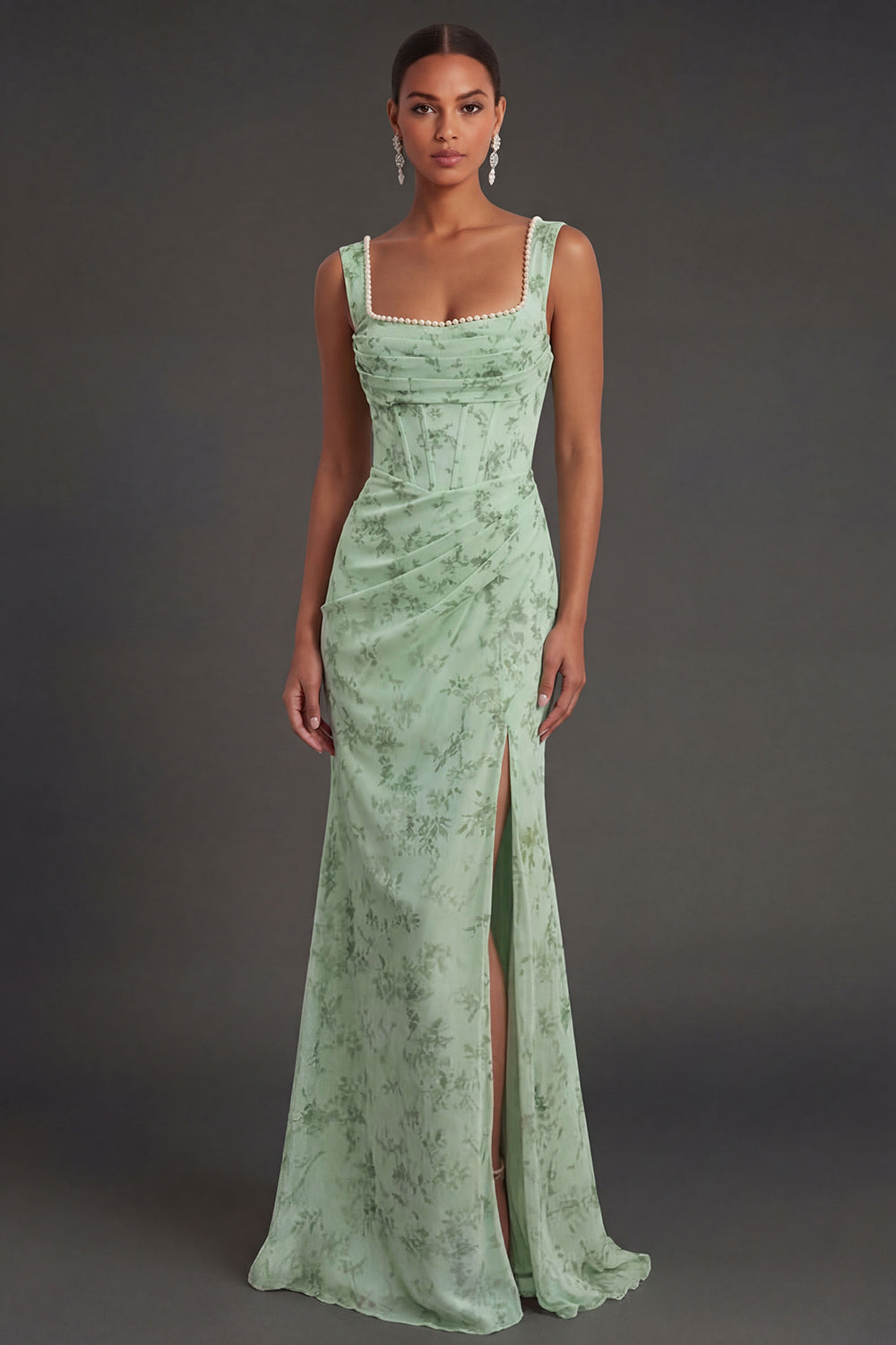 Dusty Sage Floral Corset Sheath Square Neck Long Summer Wedding Guest Dress with Slit