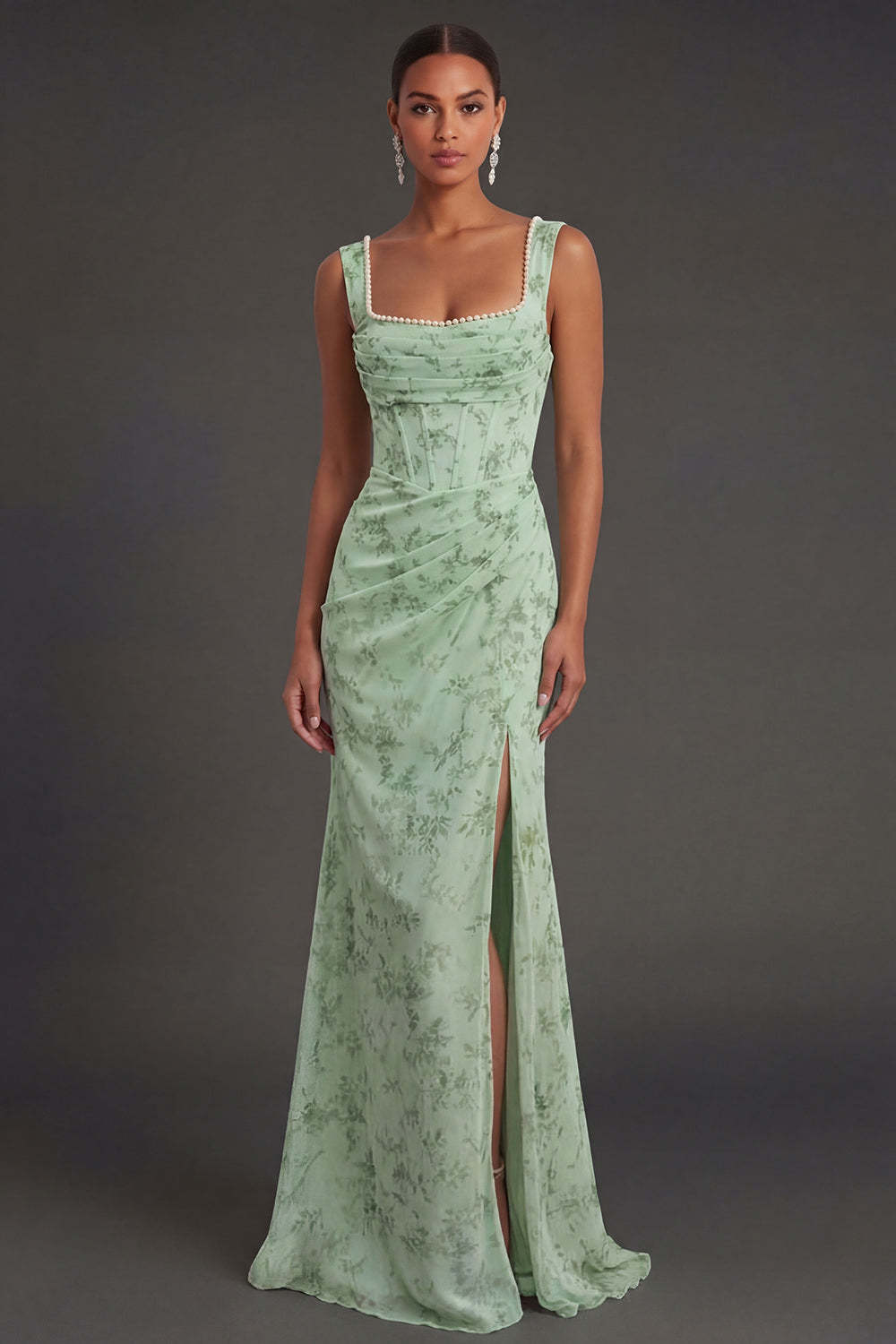 Leely Women Dusty Sage Floral Corset Sheath Long Summer Wedding Guest Dress with Slit Square Neck Sleeveless Backless Garden Party Dress
