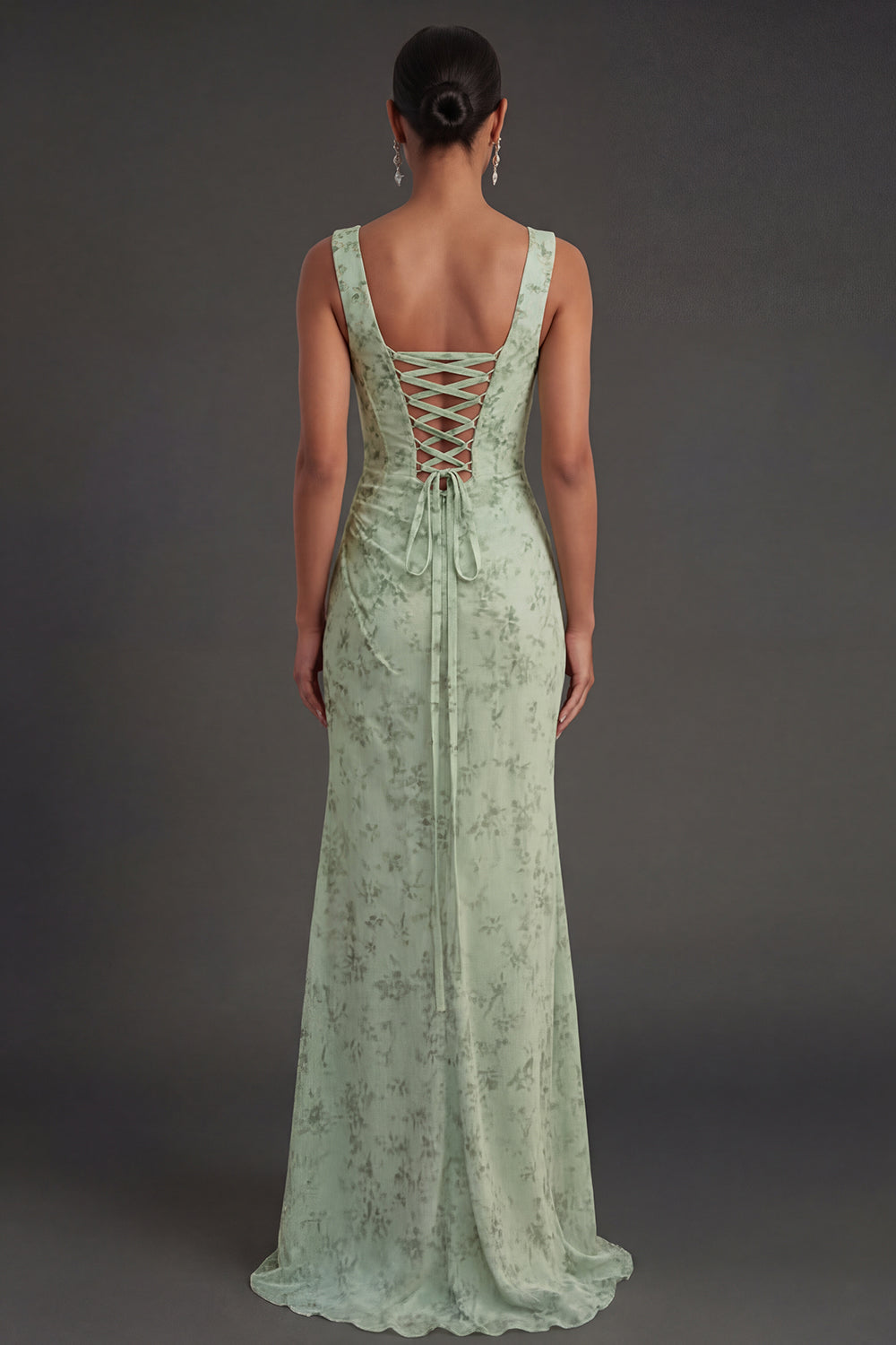 Dusty Sage Floral Corset Sheath Square Neck Long Summer Wedding Guest Dress with Slit