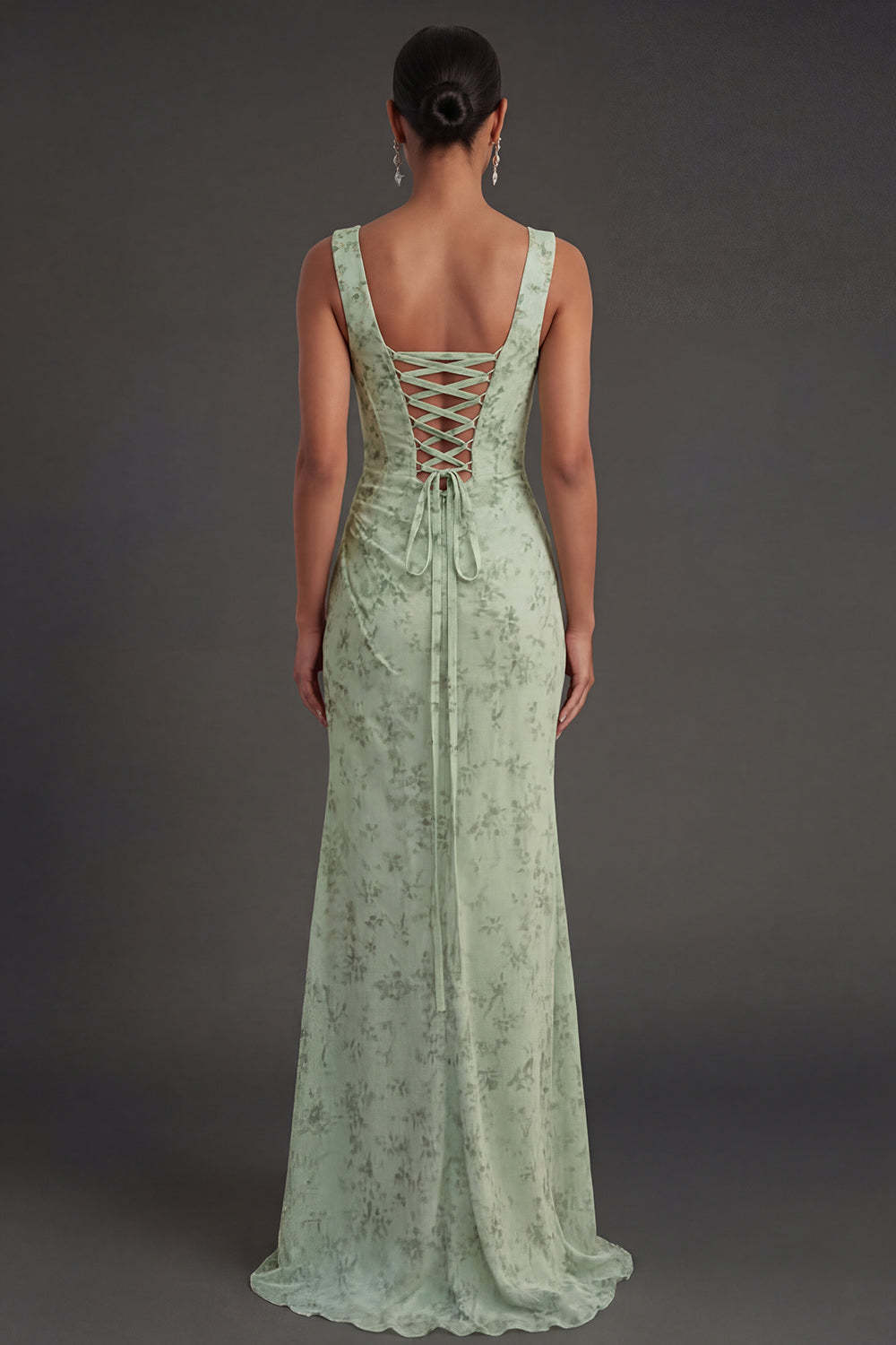 Dusty Sage Floral Corset Sheath Square Neck Long Summer Wedding Guest Dress with Slit