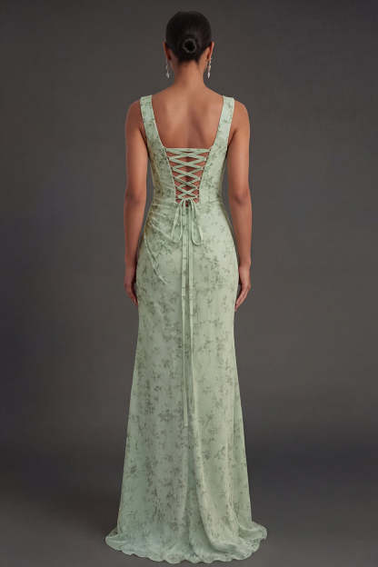 Dusty Sage Floral Corset Sheath Square Neck Long Summer Wedding Guest Dress with Slit