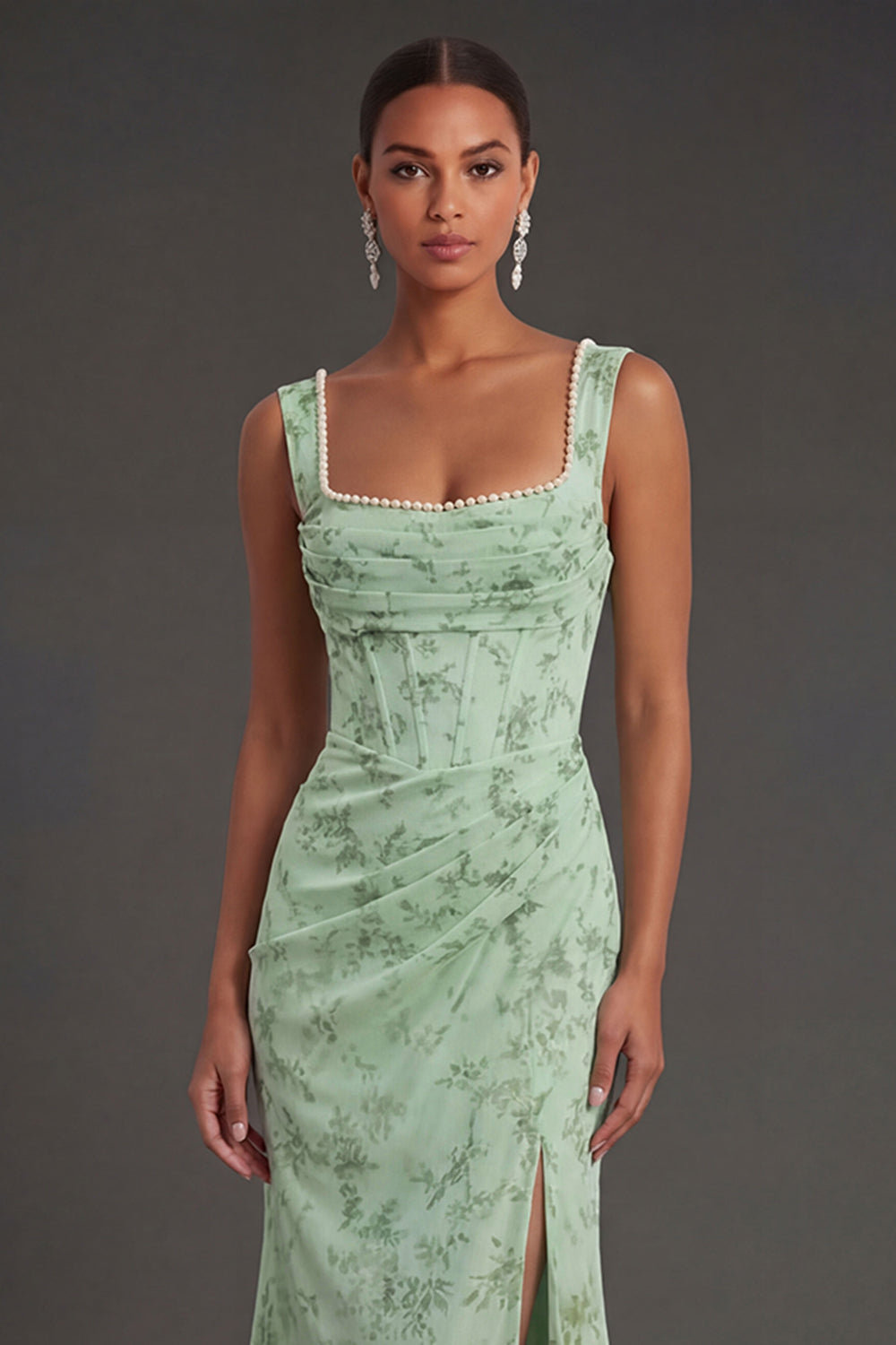 Dusty Sage Floral Corset Sheath Square Neck Long Summer Wedding Guest Dress with Slit