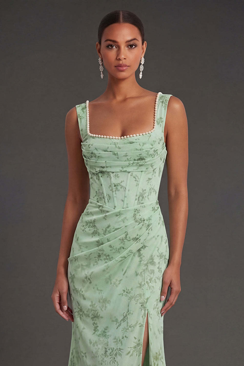 Dusty Sage Floral Corset Sheath Square Neck Long Summer Wedding Guest Dress with Slit