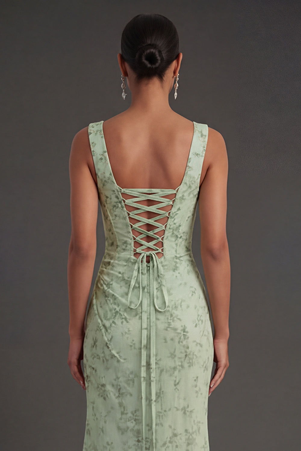 Dusty Sage Floral Corset Sheath Square Neck Long Summer Wedding Guest Dress with Slit