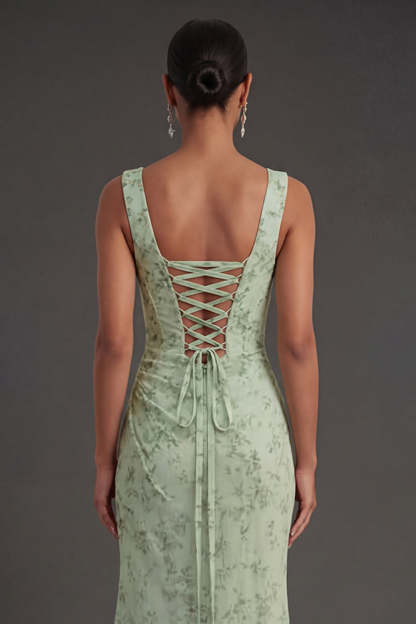 Dusty Sage Floral Corset Sheath Square Neck Long Summer Wedding Guest Dress with Slit