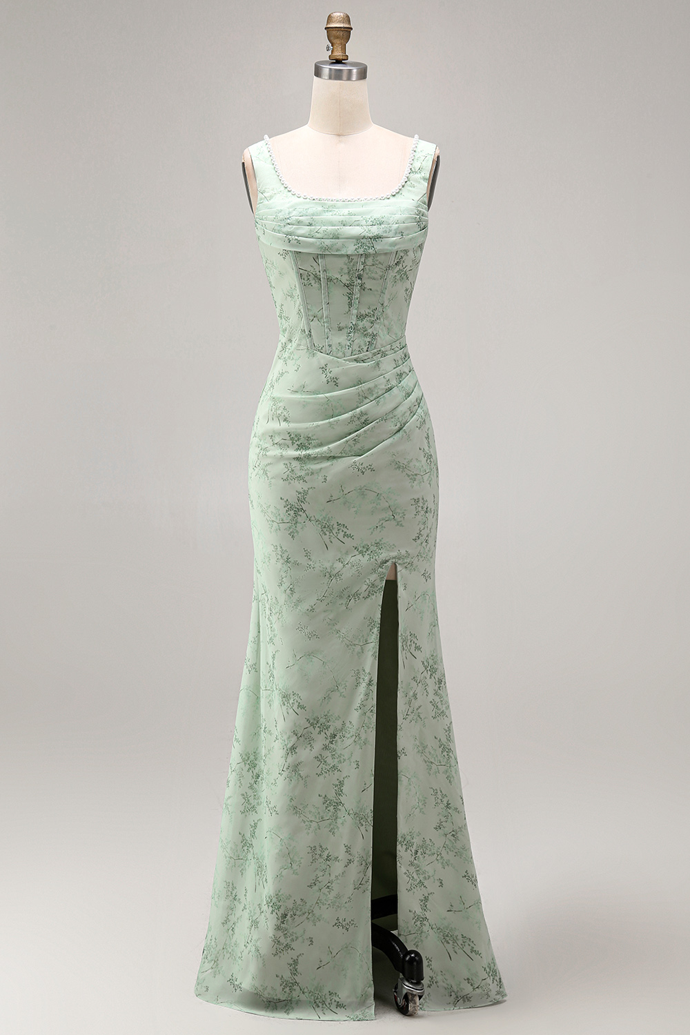 Dusty Sage Floral Corset Sheath Square Neck Long Summer Wedding Guest Dress with Slit