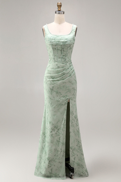 Dusty Sage Floral Corset Sheath Square Neck Long Summer Wedding Guest Dress with Slit