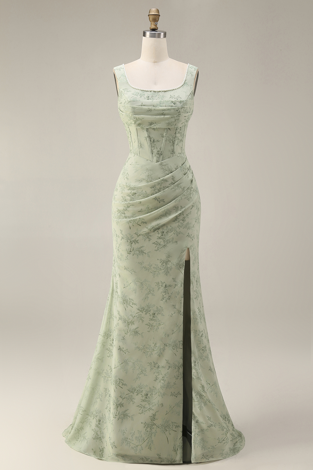 Dusty Sage Floral Corset Sheath Square Neck Long Summer Wedding Guest Dress with Slit