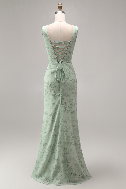 Dusty Sage Floral Corset Sheath Square Neck Long Summer Wedding Guest Dress with Slit