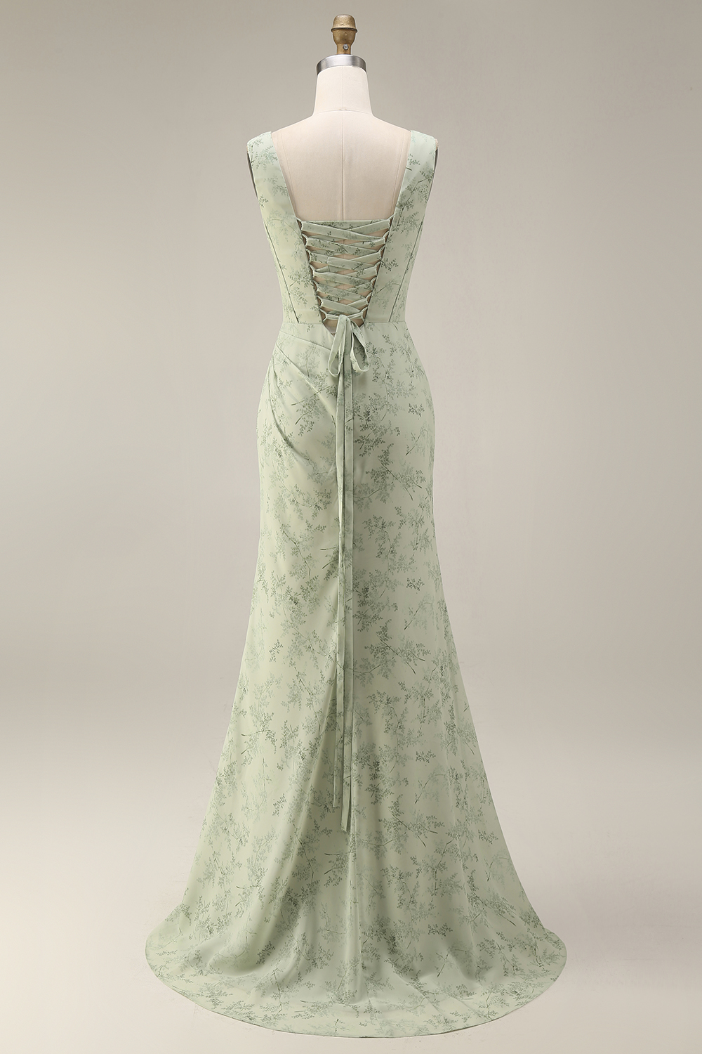 Dusty Sage Floral Corset Sheath Square Neck Long Summer Wedding Guest Dress with Slit