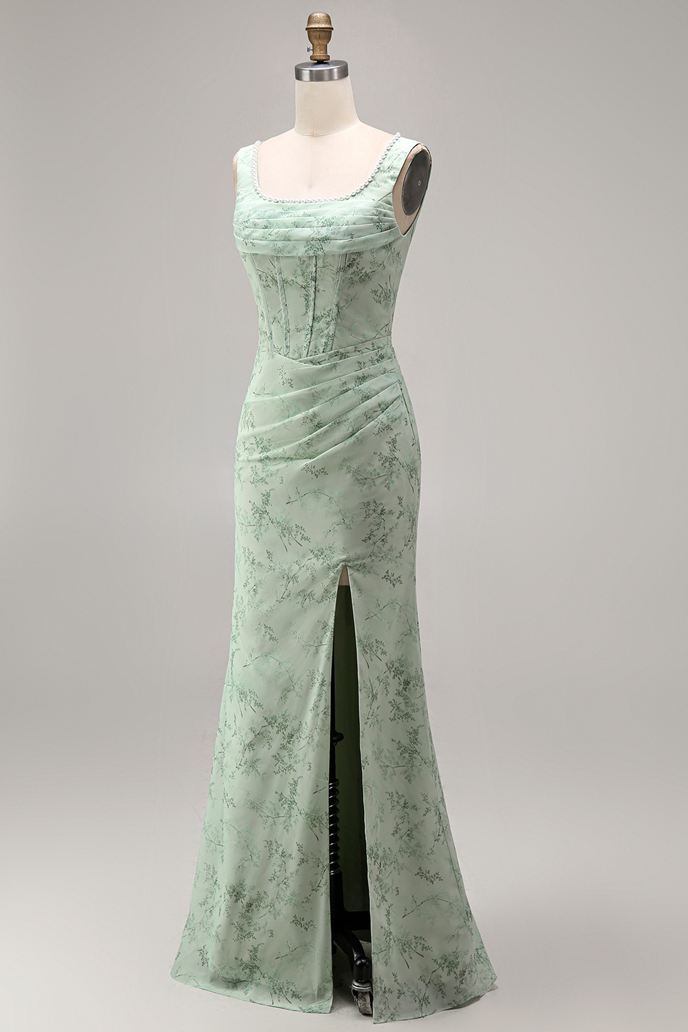 Dusty Sage Floral Corset Sheath Square Neck Long Summer Wedding Guest Dress with Slit