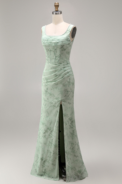 Dusty Sage Floral Corset Sheath Square Neck Long Summer Wedding Guest Dress with Slit