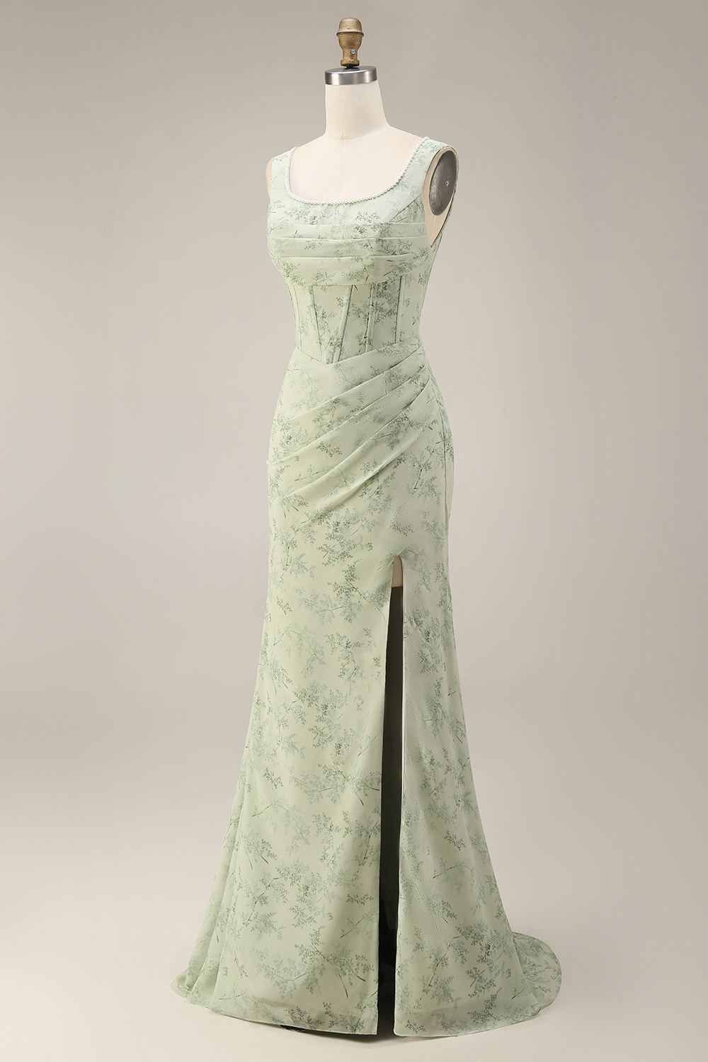 Dusty Sage Floral Corset Sheath Square Neck Long Summer Wedding Guest Dress with Slit