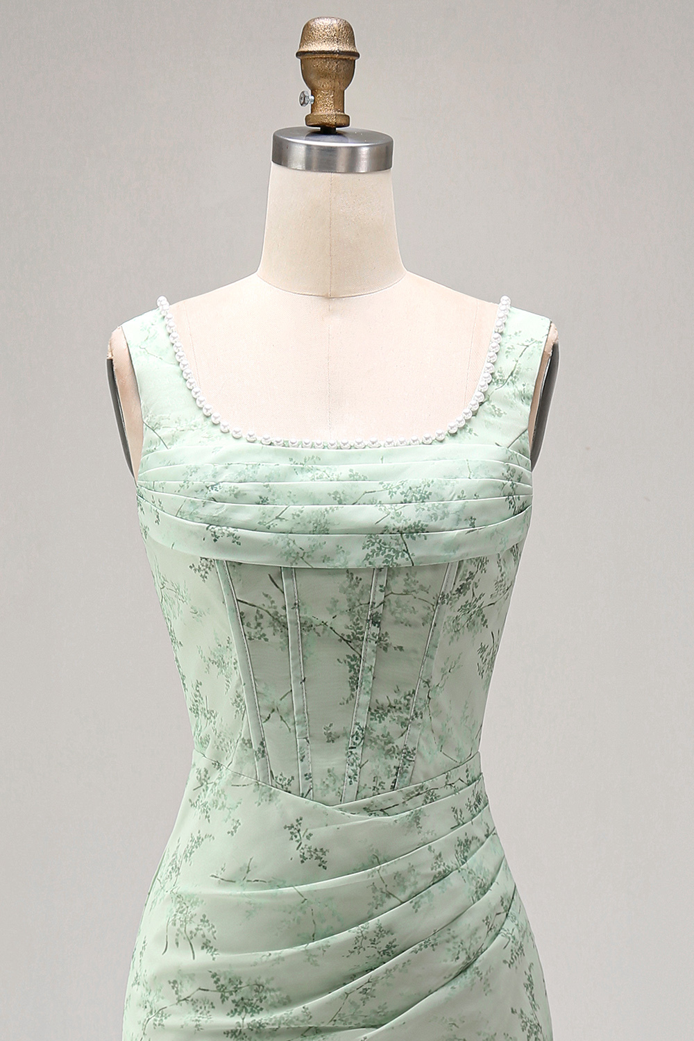 Dusty Sage Floral Corset Sheath Square Neck Long Summer Wedding Guest Dress with Slit