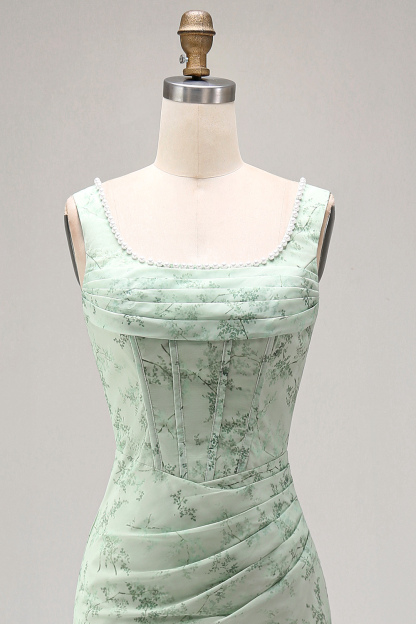 Dusty Sage Floral Corset Sheath Square Neck Long Summer Wedding Guest Dress with Slit