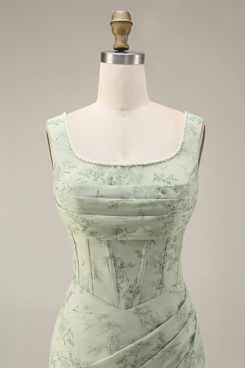 Dusty Sage Floral Corset Sheath Square Neck Long Summer Wedding Guest Dress with Slit