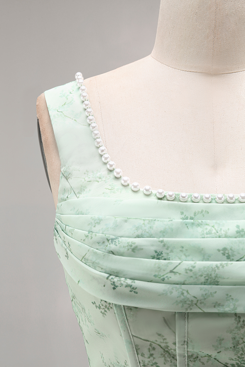 Dusty Sage Floral Corset Sheath Square Neck Long Summer Wedding Guest Dress with Slit