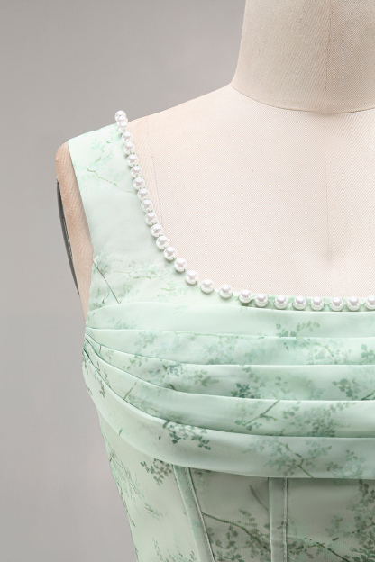 Dusty Sage Floral Corset Sheath Square Neck Long Summer Wedding Guest Dress with Slit