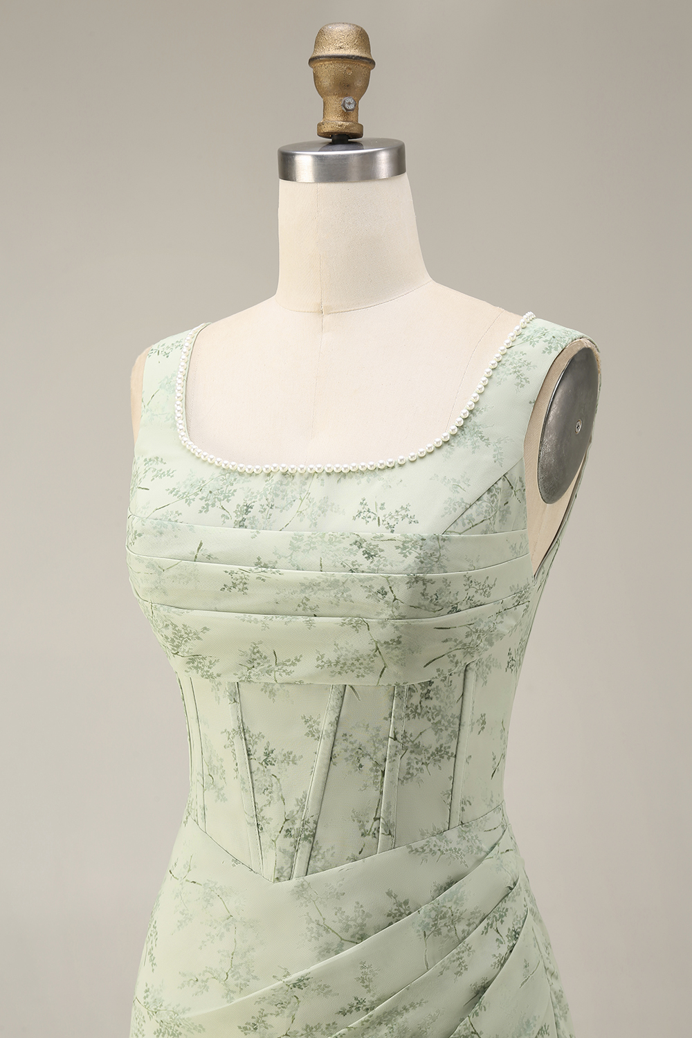 Dusty Sage Floral Corset Sheath Square Neck Long Summer Wedding Guest Dress with Slit