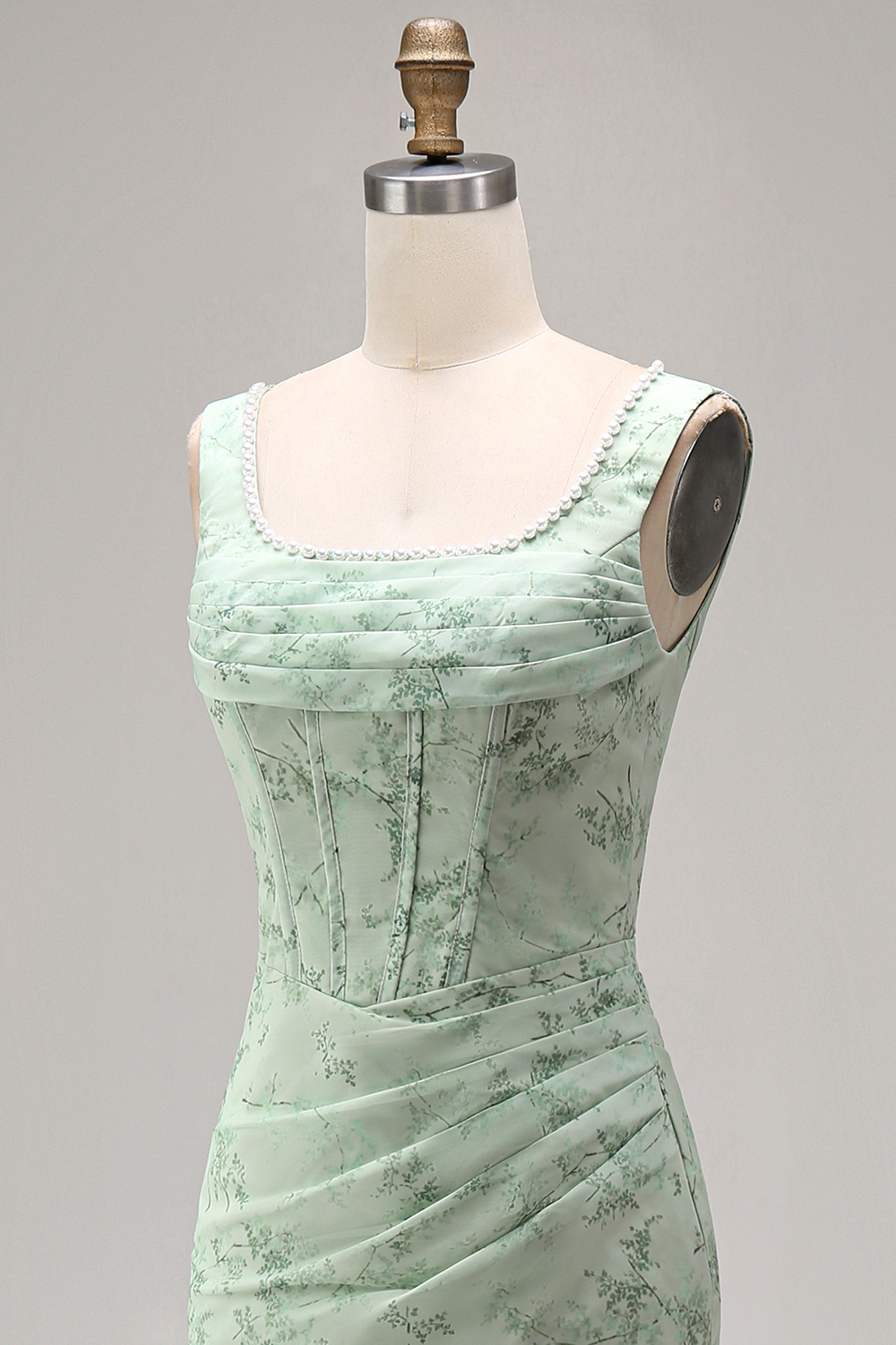Dusty Sage Floral Corset Sheath Square Neck Long Summer Wedding Guest Dress with Slit