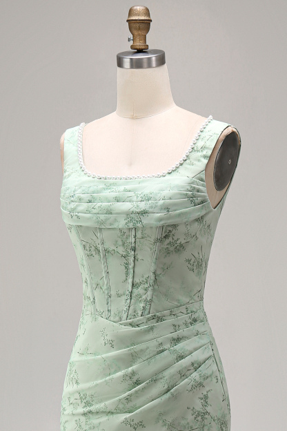 Dusty Sage Floral Corset Sheath Square Neck Long Summer Wedding Guest Dress with Slit