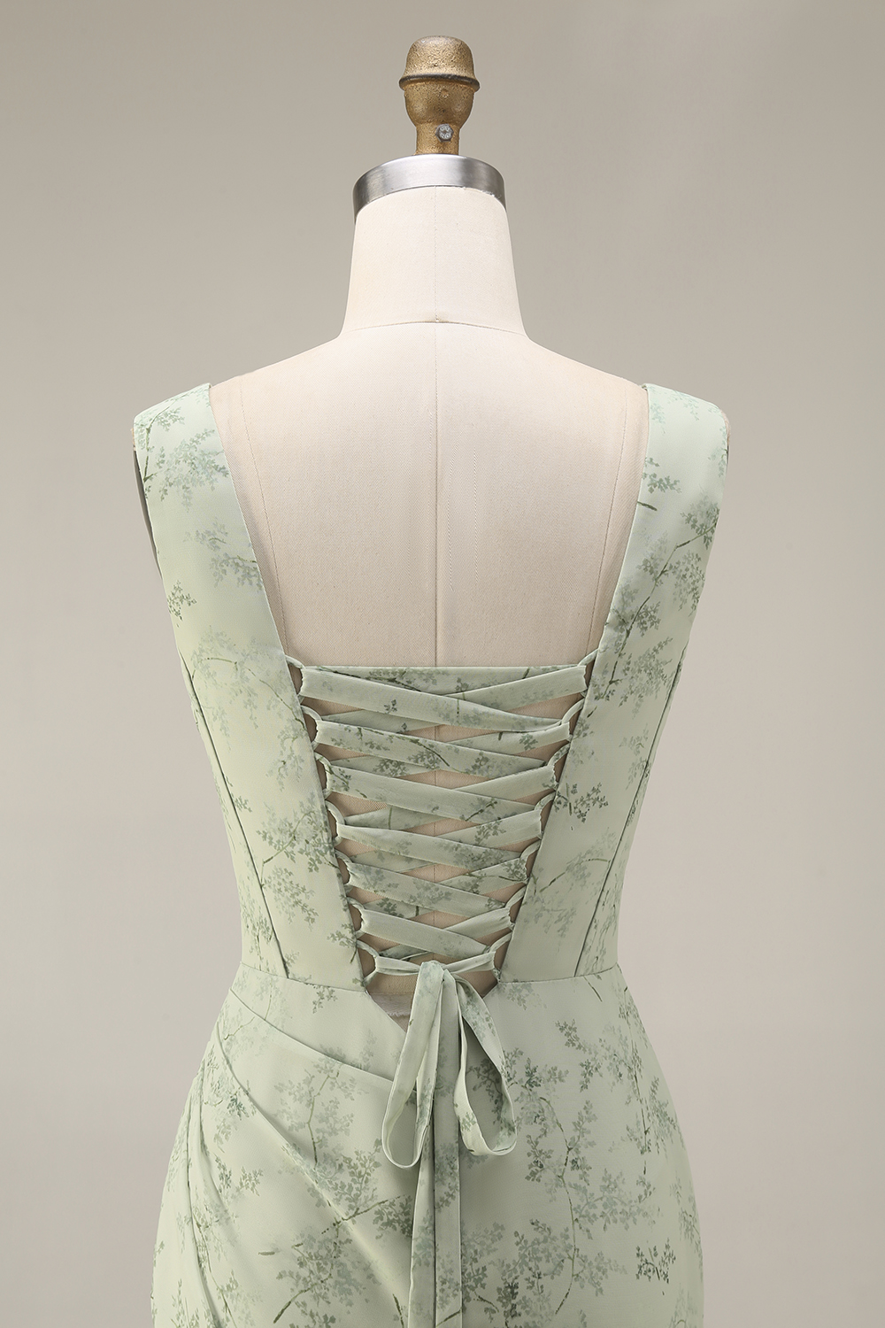 Dusty Sage Floral Corset Sheath Square Neck Long Summer Wedding Guest Dress with Slit