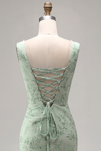 Dusty Sage Floral Corset Sheath Square Neck Long Summer Wedding Guest Dress with Slit