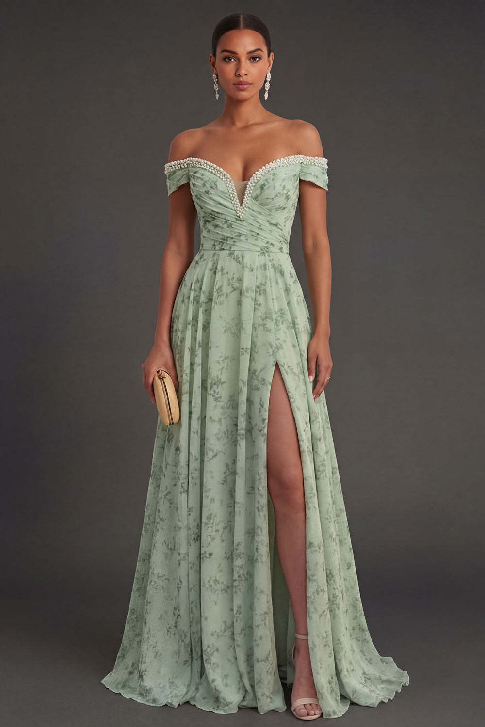 Leely Women Beaded Off the Shoulder Floral Long Wedding Guest Dress with Slit A Line Backless Sleeveless Garden Party Dress