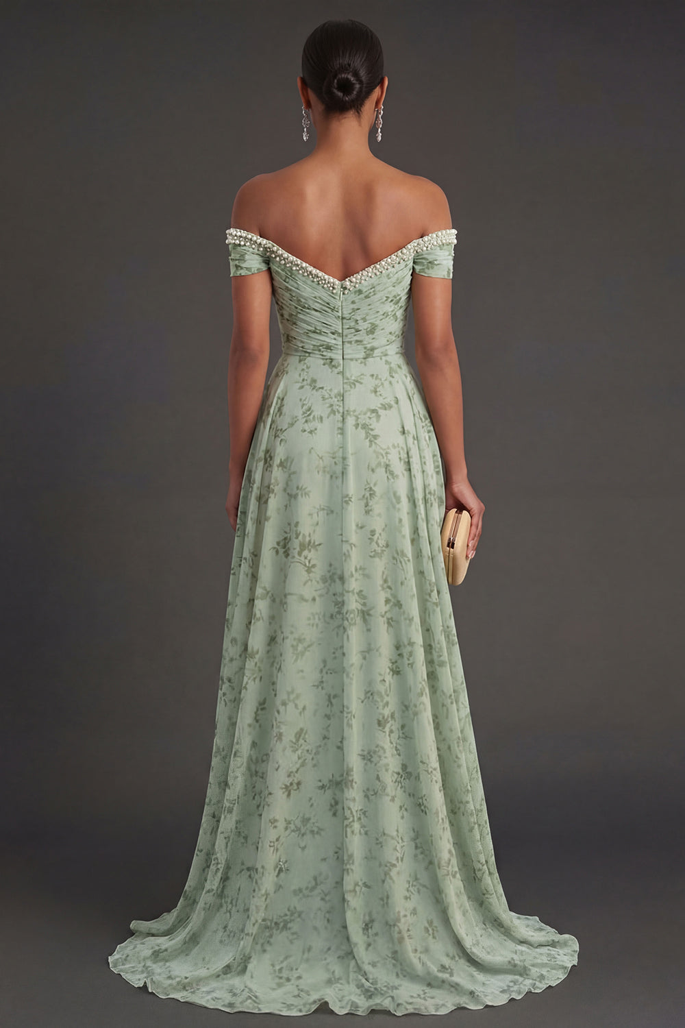 Beaded Off the Shoulder Floral A Line Long Wedding Guest Dress with Slit