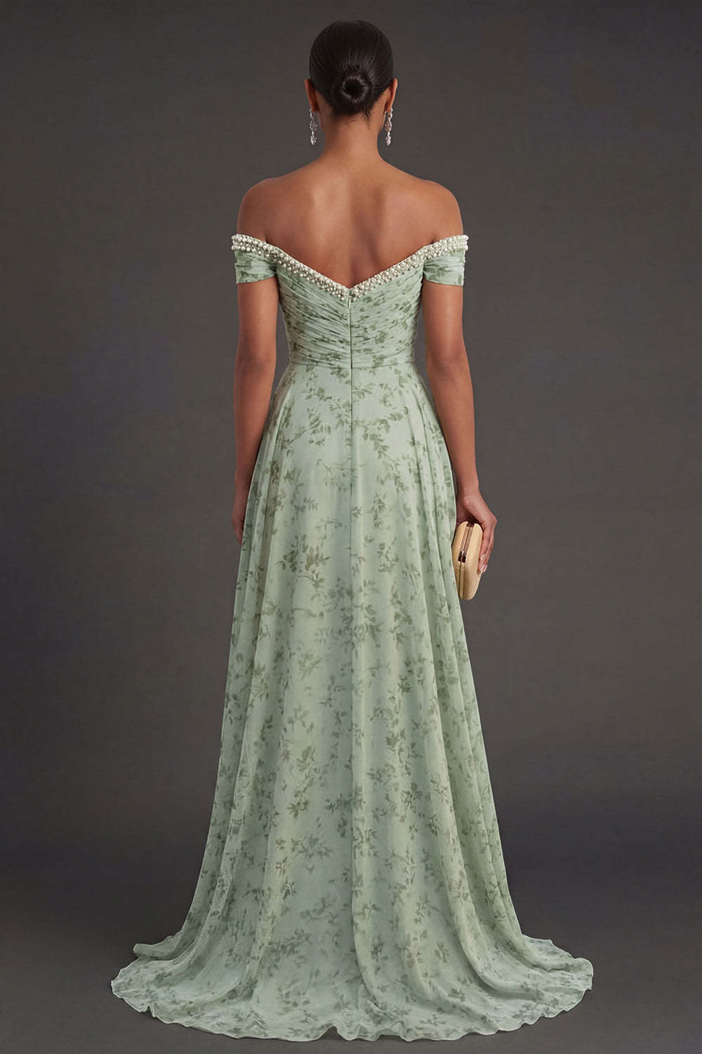 Beaded Off the Shoulder Floral A Line Long Wedding Guest Dress with Slit