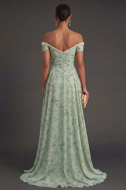 Beaded Off the Shoulder Floral A Line Long Wedding Guest Dress with Slit