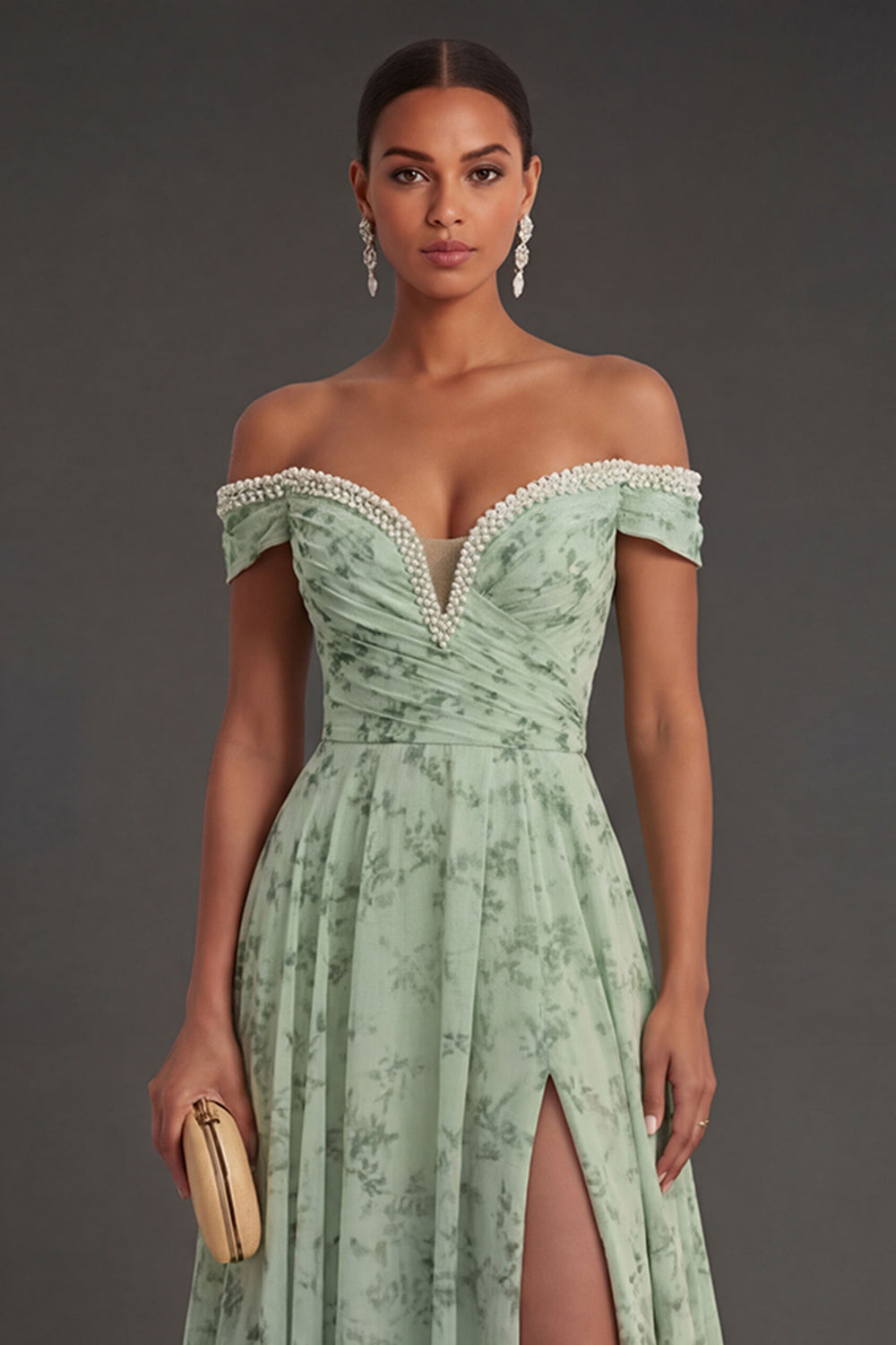 Beaded Off the Shoulder Floral A Line Long Wedding Guest Dress with Slit