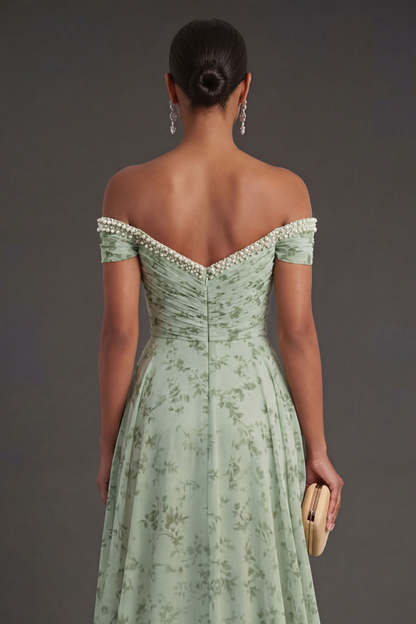 Beaded Off the Shoulder Floral A Line Long Wedding Guest Dress with Slit