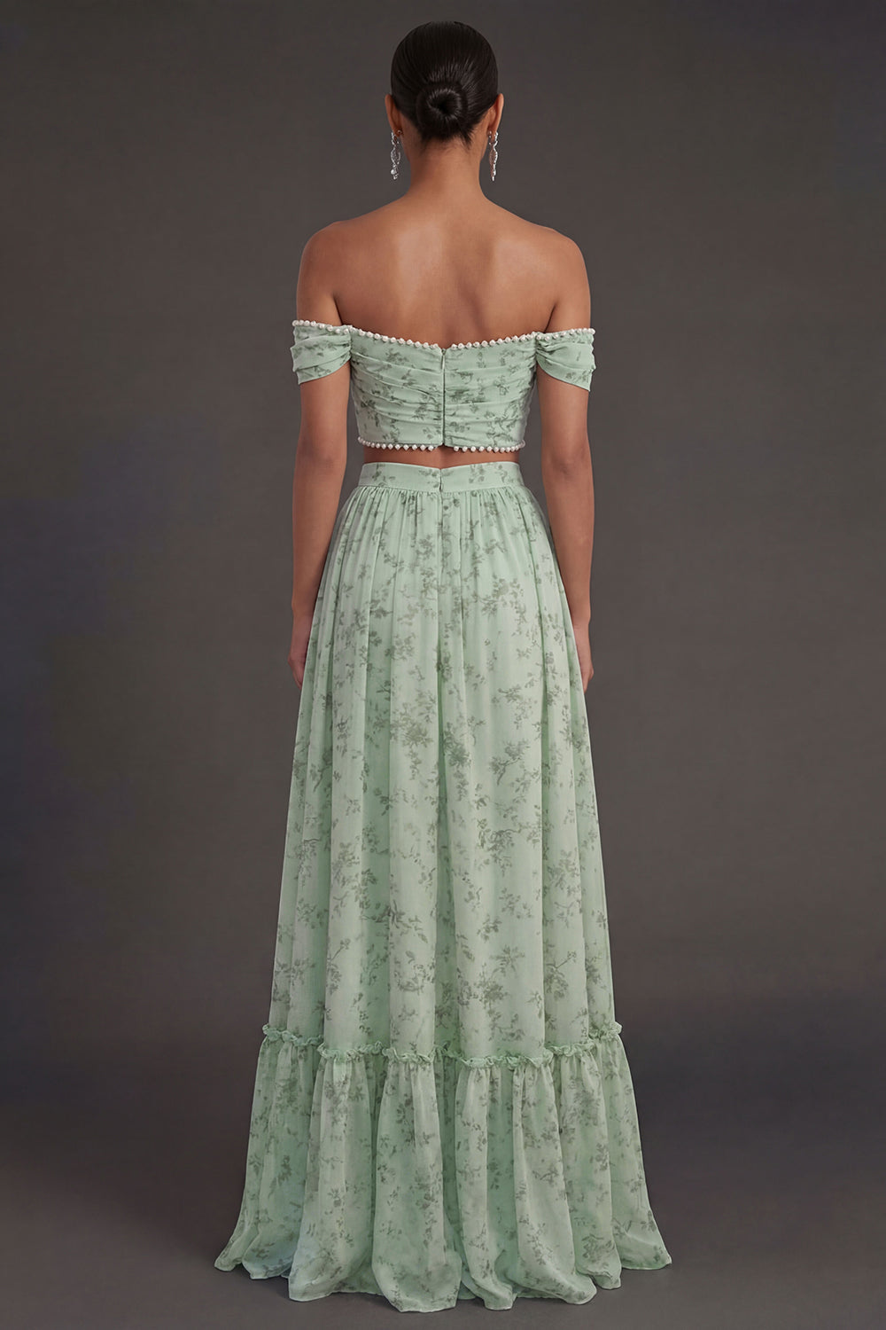 Off the Shoulder Dusty Sage A Line Ruched Long Wedding Guest Dress