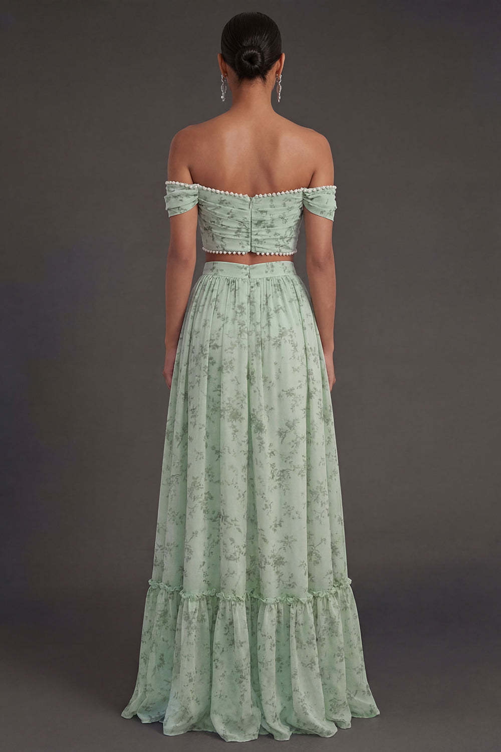 Off the Shoulder Dusty Sage A Line Ruched Long Wedding Guest Dress