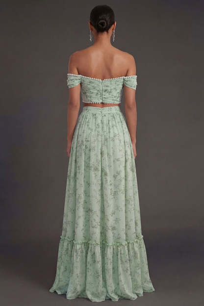 Off the Shoulder Dusty Sage A Line Ruched Long Wedding Guest Dress