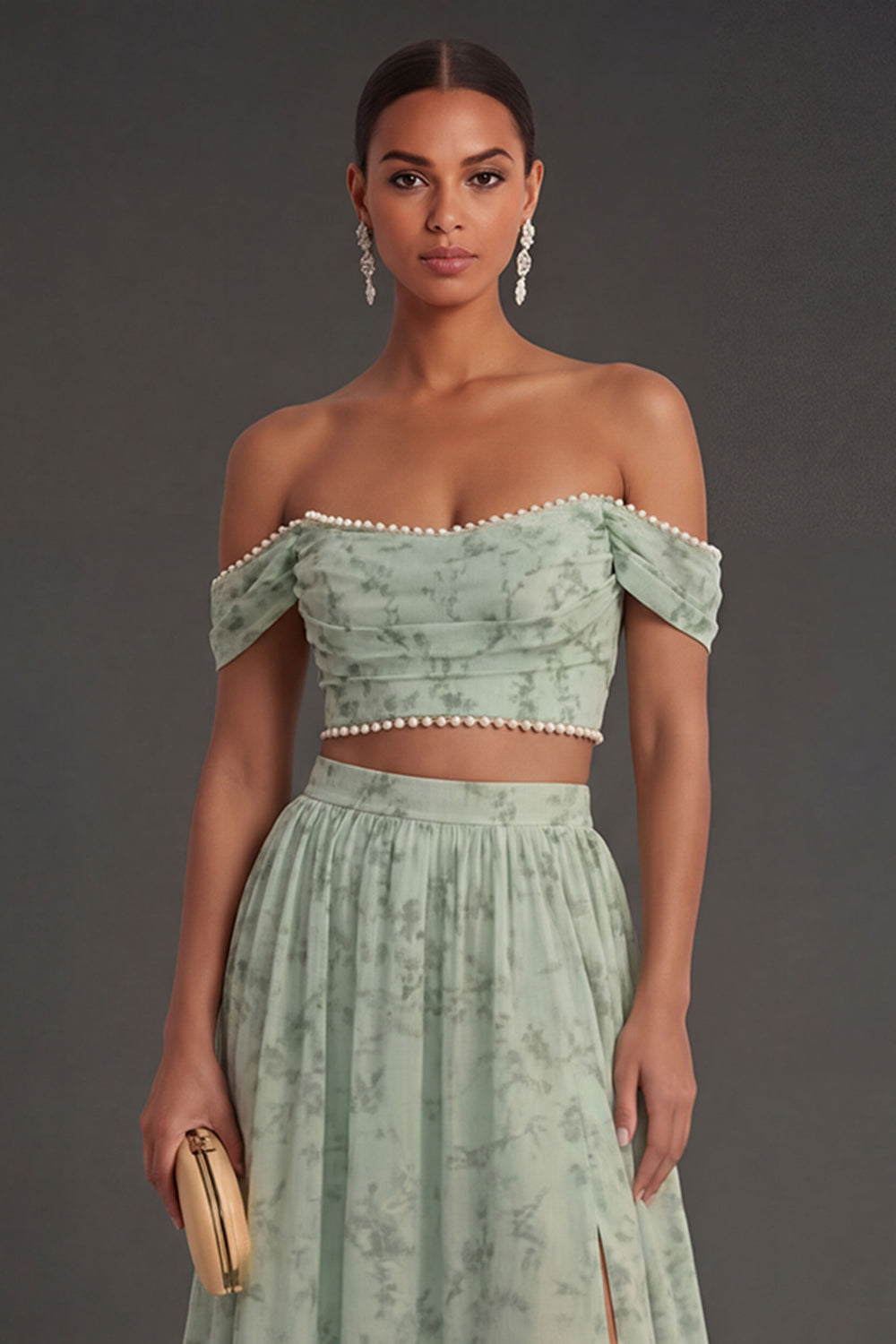 Off the Shoulder Dusty Sage A Line Ruched Long Wedding Guest Dress